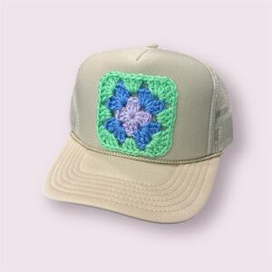 Beige Hat with Colorful Crochet Patch